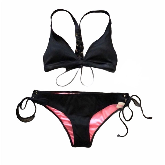 VS PINK black ribbed lace up bikini NWT - Picture 2 of 11